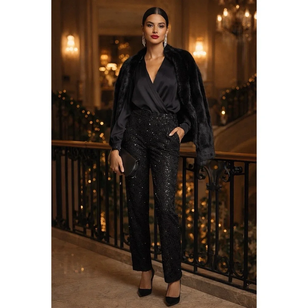 Veronique Young‎ Black Beaded Lace Pants Size 10 Formal Evening Glam